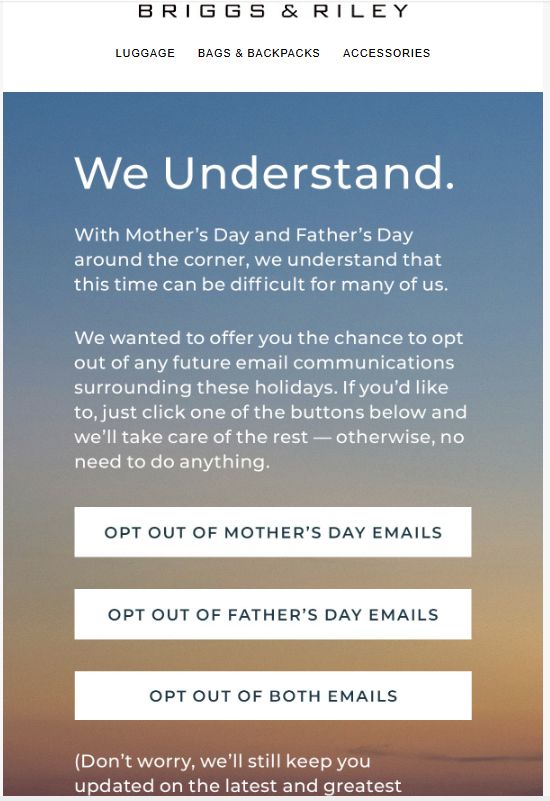 Screenshot of an email from Briggs & Riley asking customers if they want to opt out of Mother's Day or Father's Day emails. 
