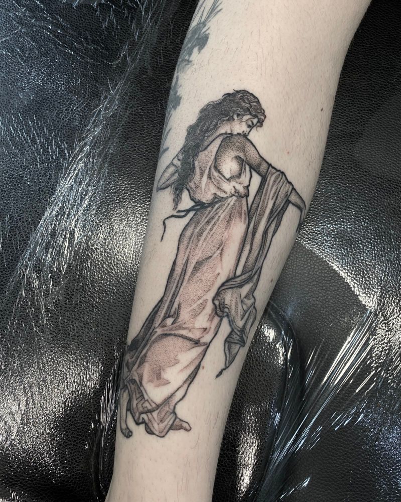 dotwork tattoo of the painting ‘death of sappho’ 1881 by miguel carbonell selva