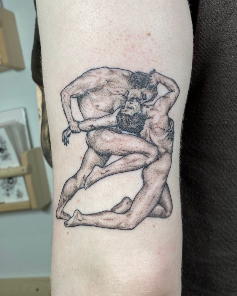 dotwork tattoo of the painting dante and virgil in hell