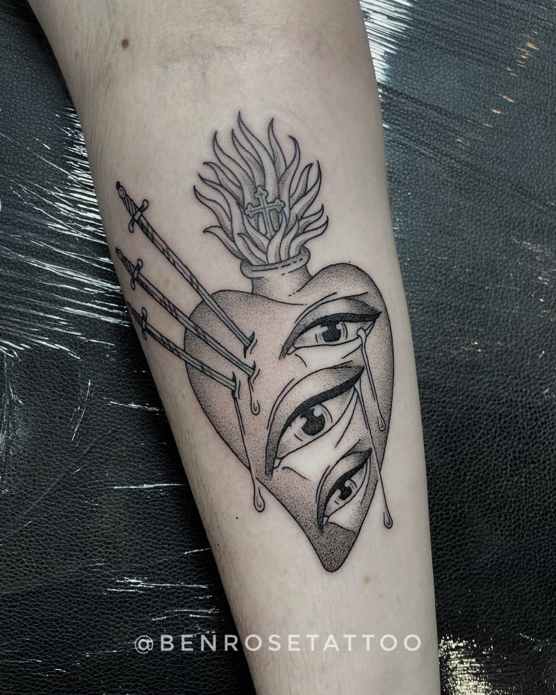 dotwork tattoo of a sacred heart with 3 eyes and 3 swords