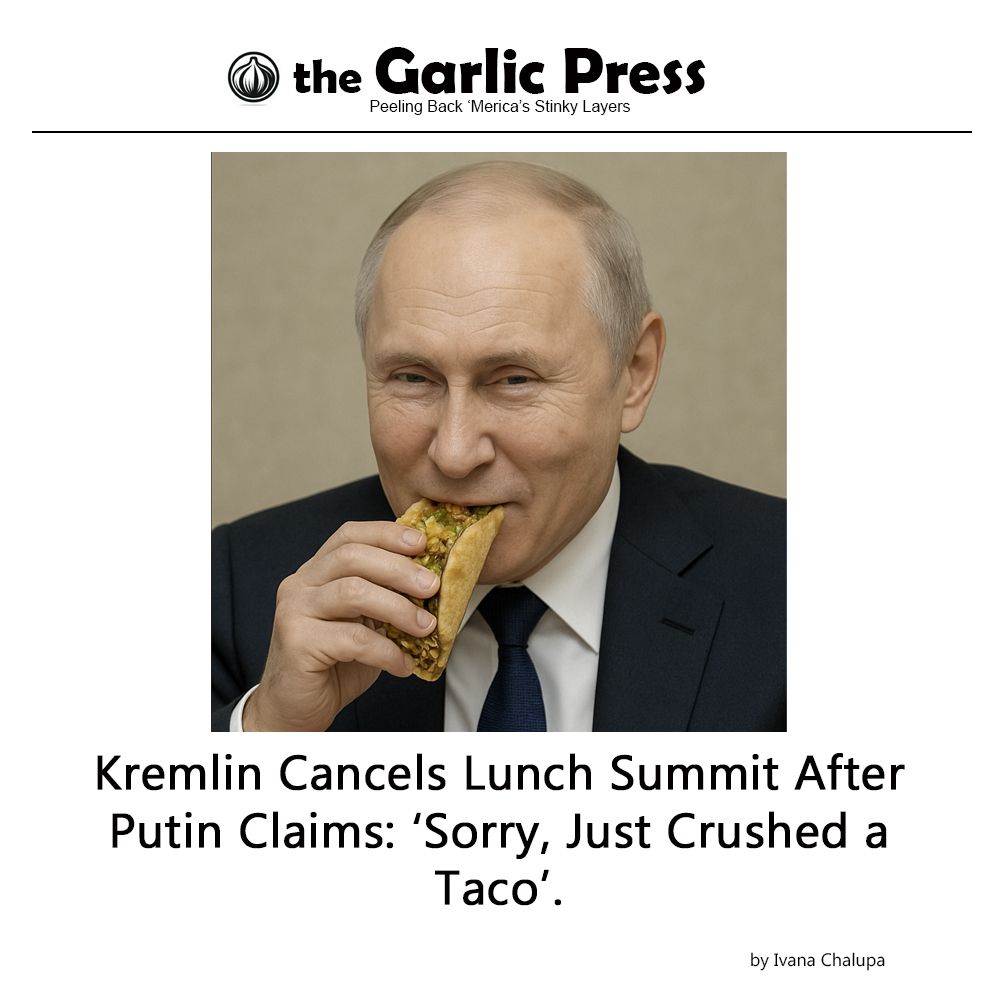 Publication titled "the Garlic Press: Peeling Back 'Merica's Stinky Layers", with an image of Vladimir Putin with a little smirk as he eats a taco. The title below the image says "Kremlin Cancels Lunch Summit After Putin Claims: 'Sorry, Just Crushed a Taco'." The author says "by Ivana Chalupa"