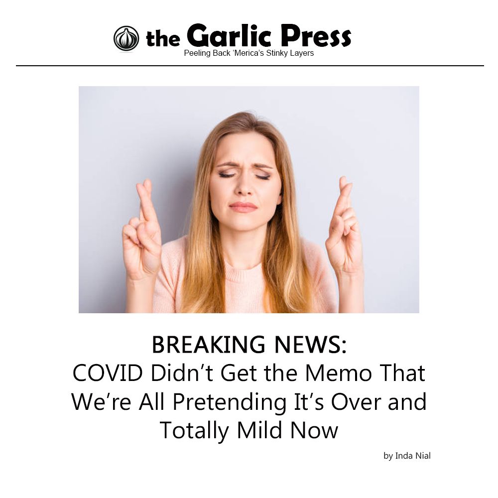 Early 30s white woman with long blonde, straight hair, eyes closed, fingers crossed on both hands, wishing hard.