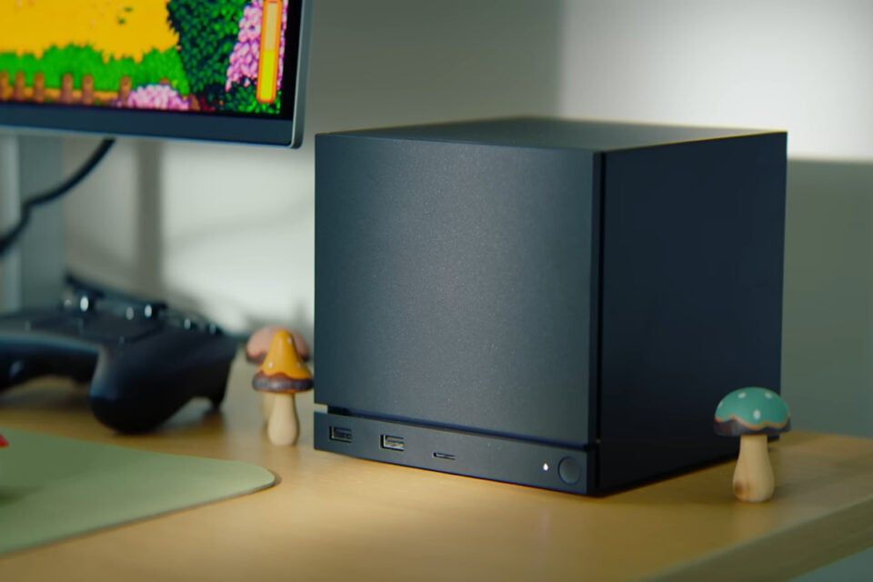 Valve's new Steam Machine sitting on a desk.