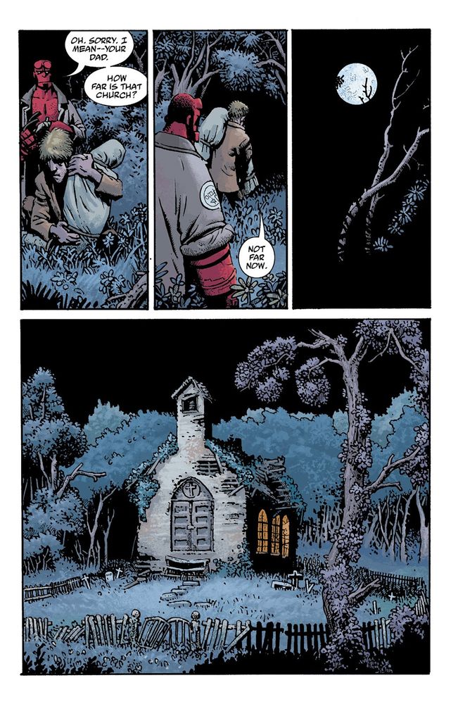 Another page from The Crooked Man. Hellboy apologizes to someone about the loss of their father and then the two of them see a church.