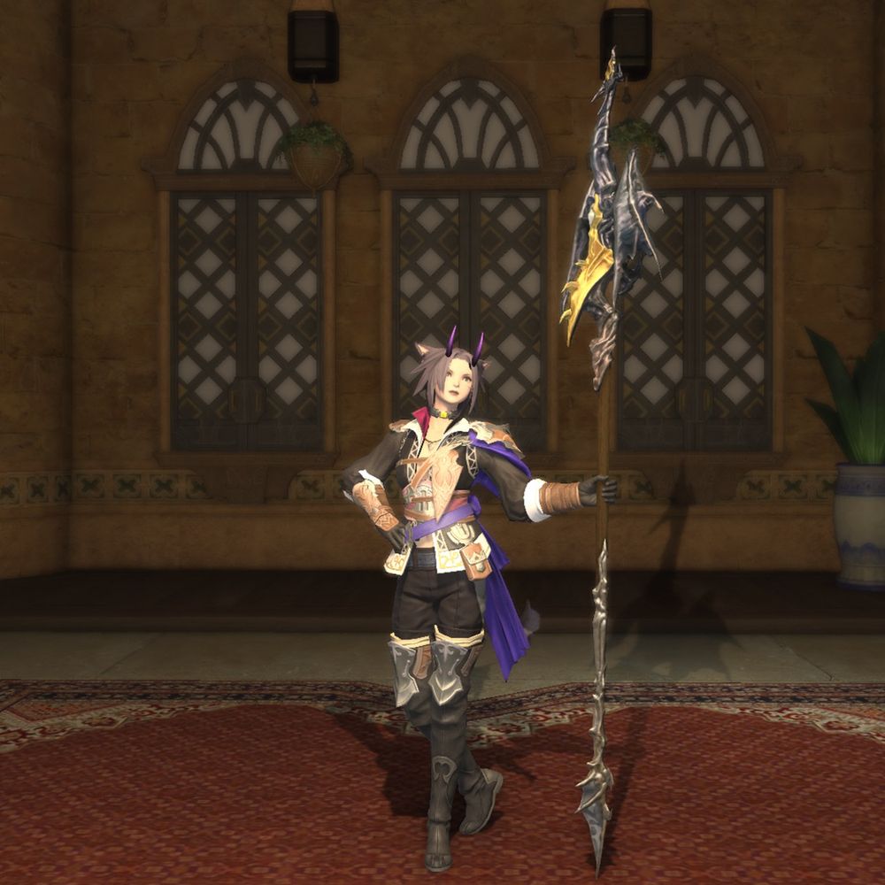 My character in ffxiv posing with a spear. I’m trying out the dragoon class. 