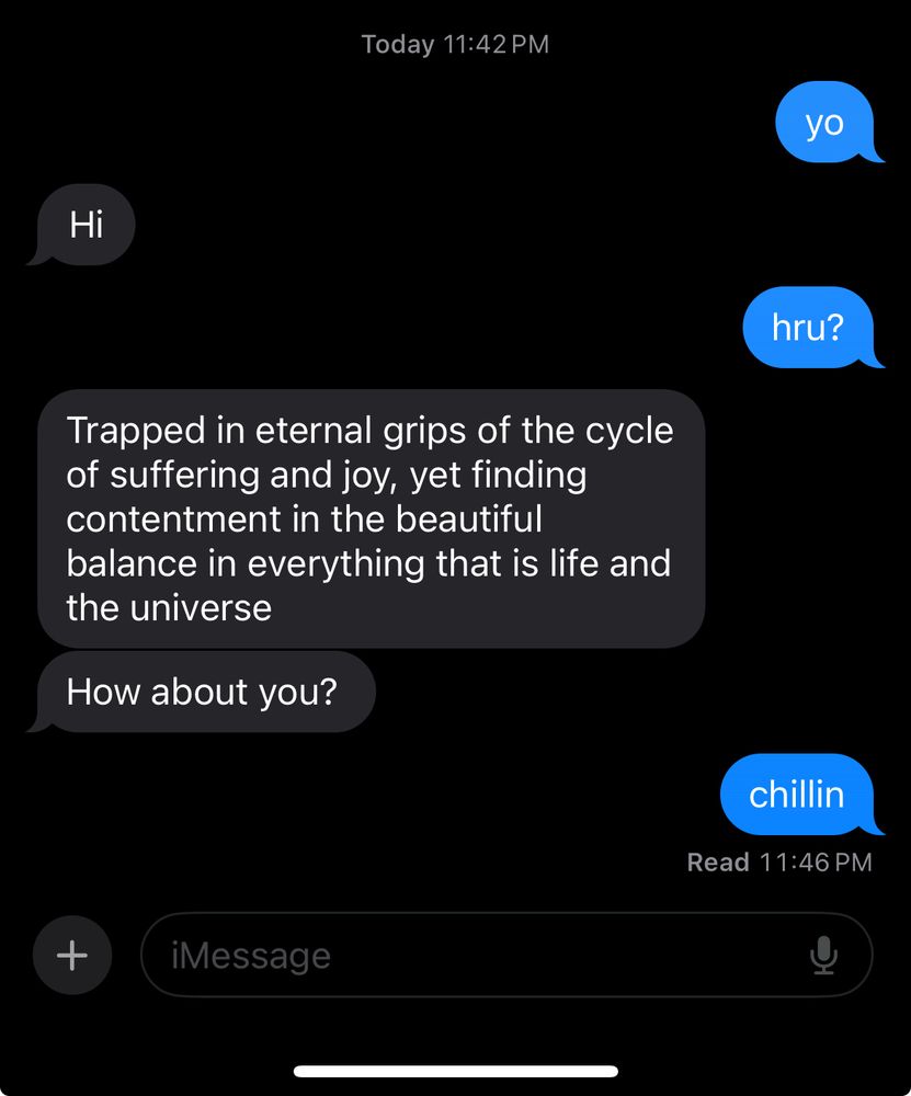 (today 11:42 pm)
me: yo
them: Hi
me: hru?
them: Trapped in eternal grips of the cycle of suffering and joy, yet finding contentment in the beautiful balance in everything that is life and the universe
them: How about you?
me: chillin
(read 11:46 pm)