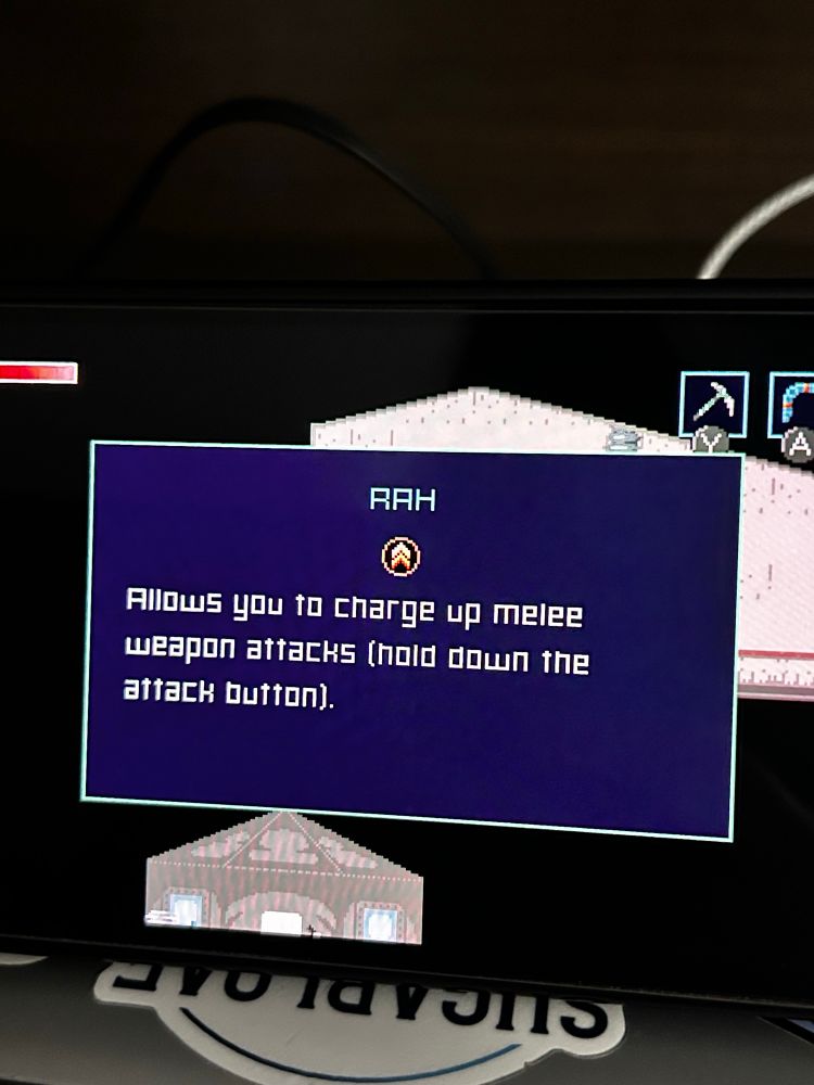 a photo of my switch in tabletop mode running Axiom Verge 2
RAH
(ability symbol)
Allows you to charge up melee weapon attacks (hold down the attack button)