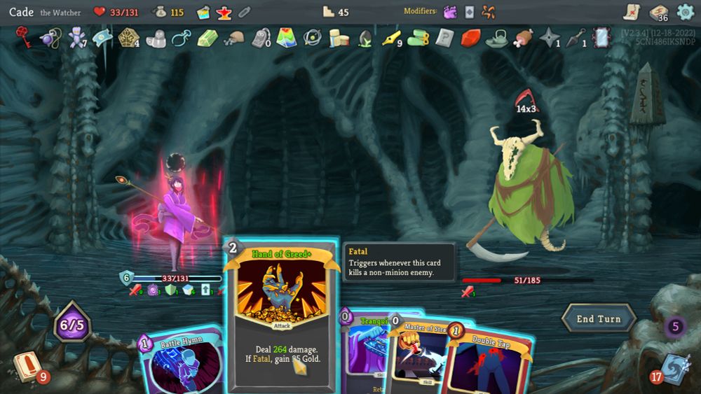 a screenshot of “slay the spire” that shows the card Hand of Greed+ which reads “Deal 264 damage. If fatal, gain 25 gold.”

that is a lot of damage, and for those unfamiliar, hand of greed+ deals 25 at normal value. also would like to point out the enemy has 185 total health at the start and is currently at 51 remaining