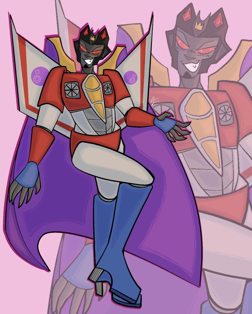 Coloured and shaded digital illustration of Starscream. He’s in a purple cape, posed with a malicious smile. One hand is extended out, and his right leg is lifted up in front of him. 