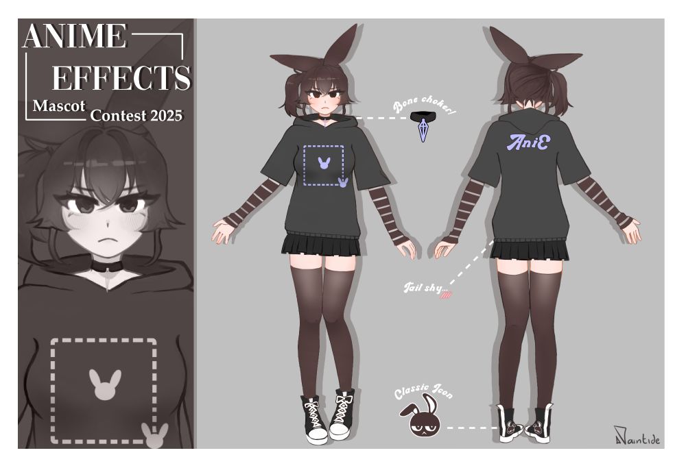 A front and back view of a bunny e-girl wearing an oversized shirt, thigh highs, and sneakers. The colours are all de-saturated and brown/gray. There is text stating that the image is for a mascot contest for an animation software called Anime Effects.