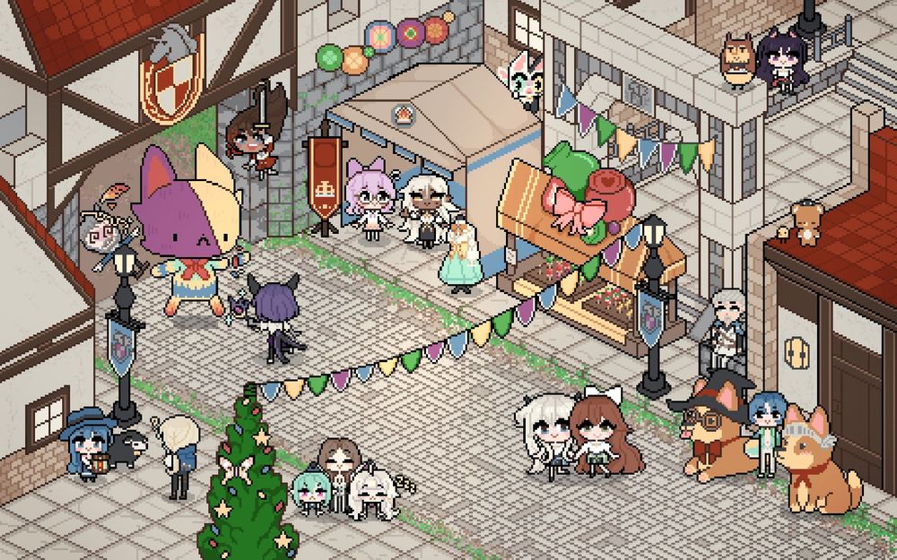 A pixel artwork of a medieval street decorated with garlands and stalls. The roads are paved, and the buildings have red roofs. The scene is littered with event NPCs as well as some of the staff members of the game of which the location is from (Mabinogi).