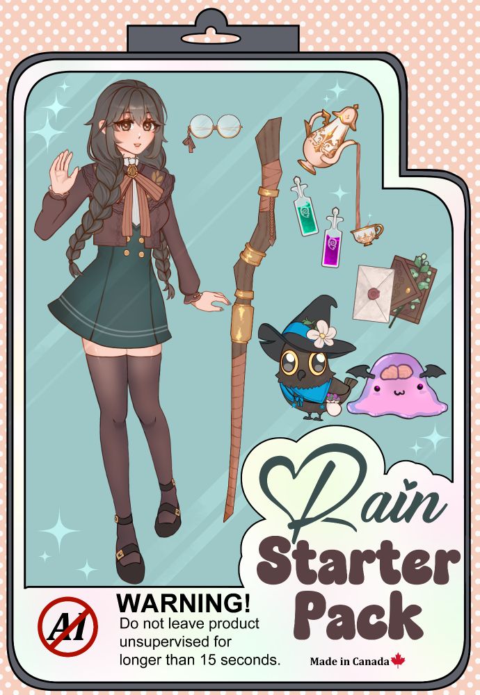 A digital drawing of a toy pack composed of a woman with gray braids, glasses, magic staff, teapot, teacup, potions, grimoire, and bird and slime familiar. There is an overall magic and fantasy theme.