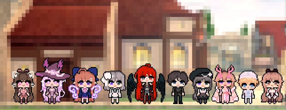 Pixel art sprites of Mabinogi, mabi, characters standing in Dunbarton.