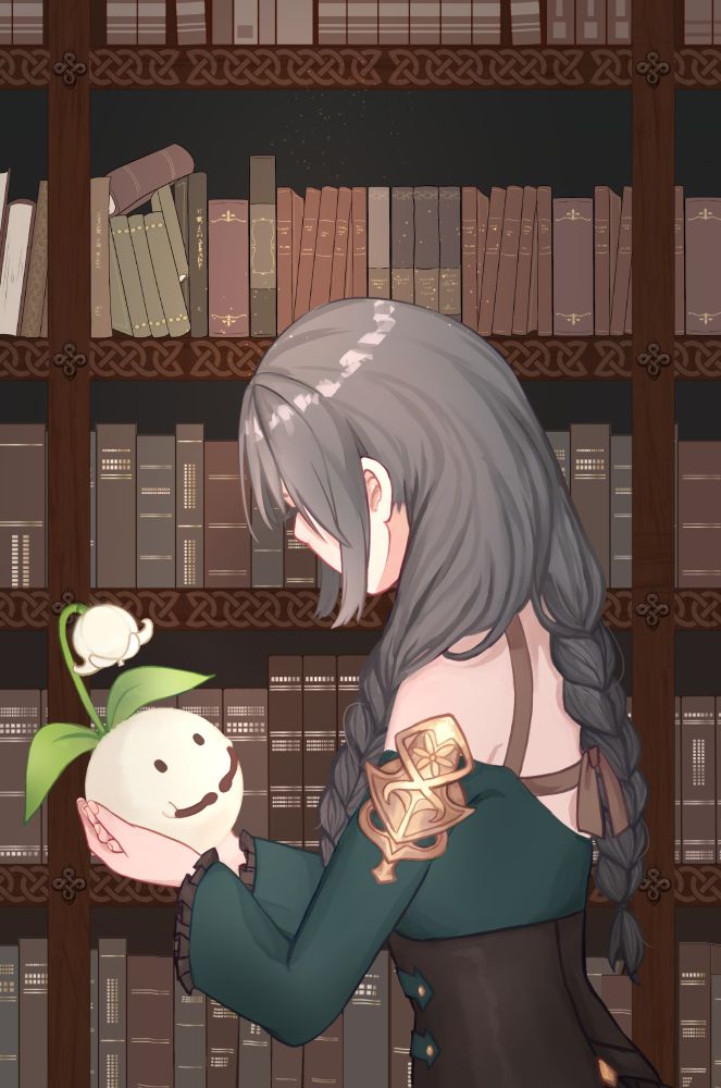 Digital art illustration of a gray-haired woman holding a Booksprite inside of a grand fantasy library. Contents come from the mmorpg Mabinogi.