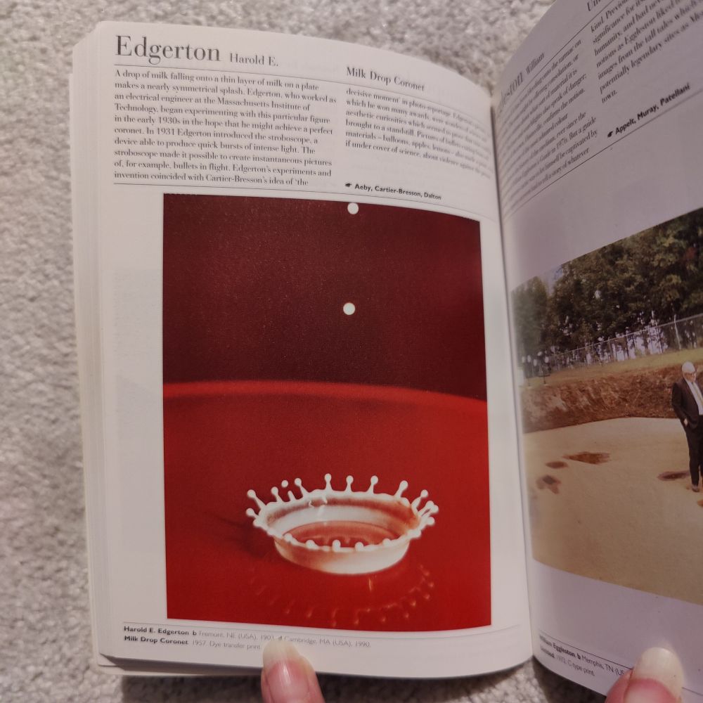 Edgerton, Harold. E. - Milk Drop Coronet. A drop of milk hitting a red surface, the splash forming a crown shape. 