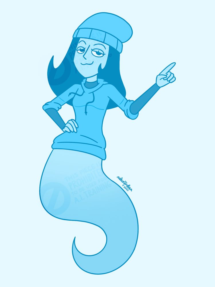 A drawing of a ghost character. They have no legs, just a ghost tail. They have their left arm raised in a pose.