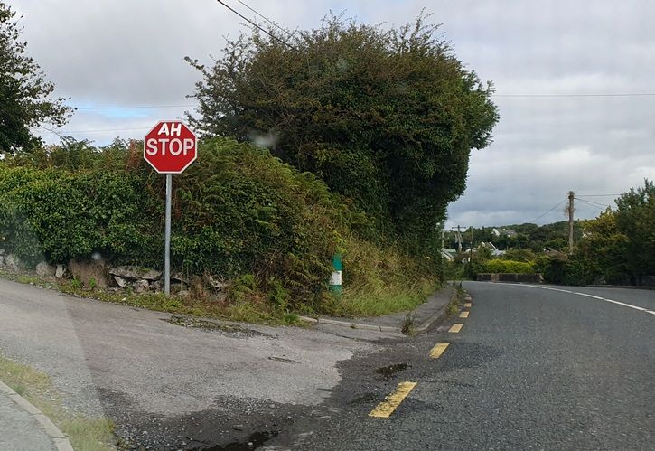 Photo taken from a car (I was a passenger). The main road curves left and quickly out of sight behind a bushy wall. Immediately on the left, before the curve, is a narrow local road perpendicular to the main road. At the junction is a red octagonal road sign that says "STOP". Someone has painted two letters above the word, in the same white sans-serif capitals, so that the sign now reads "AH STOP".