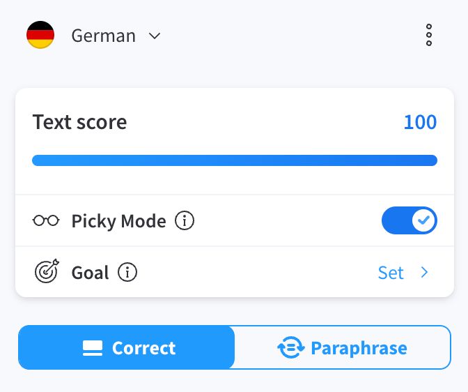 Ein Screenshot von LanguageTool. Es zeigt einen "Text score" von 100, was dem Maximalscore entspricht.