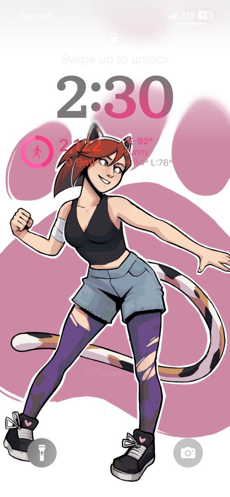a digital drawing of my oc Calico, a young human woman with pale skin, short deep red hair parted to the side, and green eyes. she’s wearing a black tanktop, blue jean shorts, torn and dirty purple tights, and black sneakers. most notably she has on a pair of fake spotted cat ears, a matching tail, and a bandage on her right arm