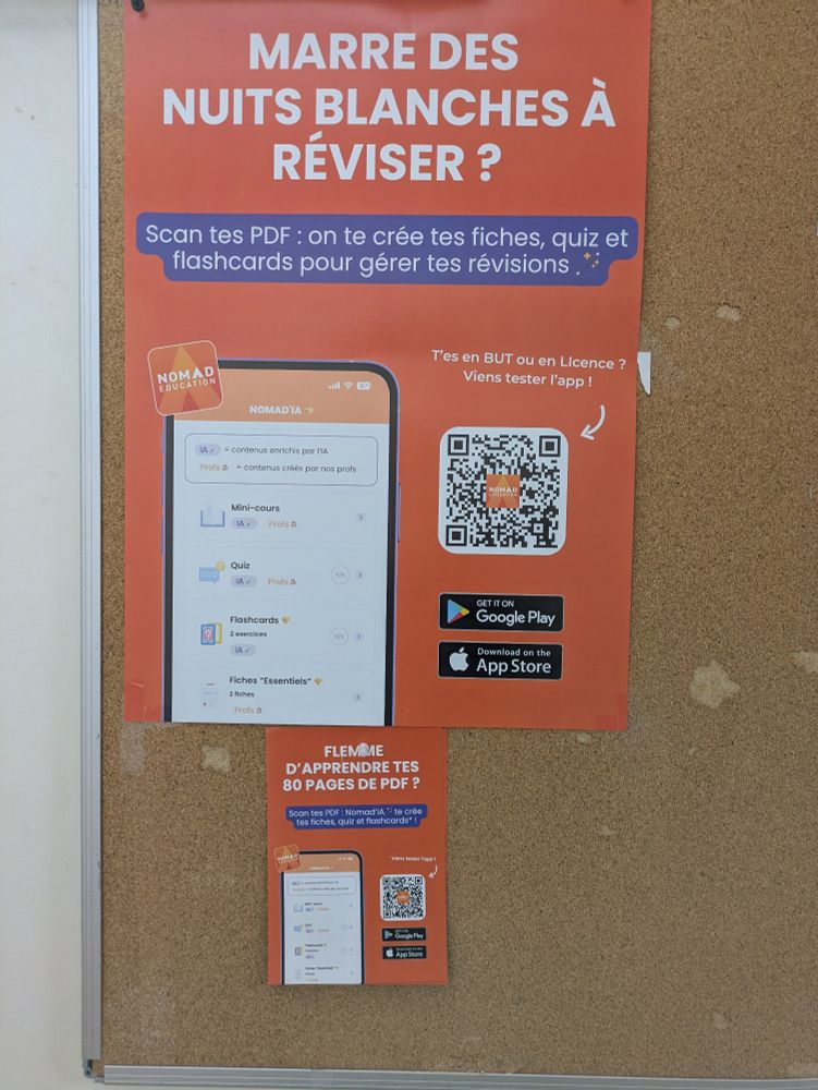 affiche "marre des nuits blanches à réviser? Scan tes pdf : on te te créé tes fiches, quiz et flash cards pour gérer tes révisions" (par IA)