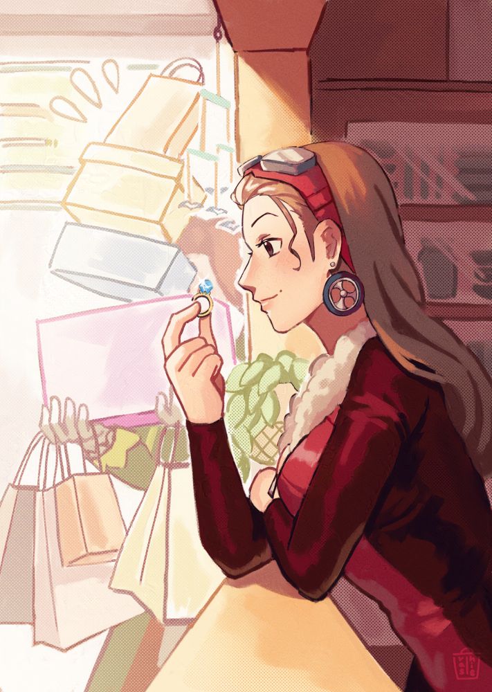 An illustration of the aftermath of Desiree's shopping spree (featuring Ron in the background). Desiree is leaning on the open counter of their kitchen while looking at a diamond ring she's holding happily. In the background, Ron is struggling to carry in a mountain of shopping bags and boxes taller than him, the bags and boxes obstructing his face. The illustration has a warm yellow and pink palette with chalky textures, as well as dotted pattern overlays.