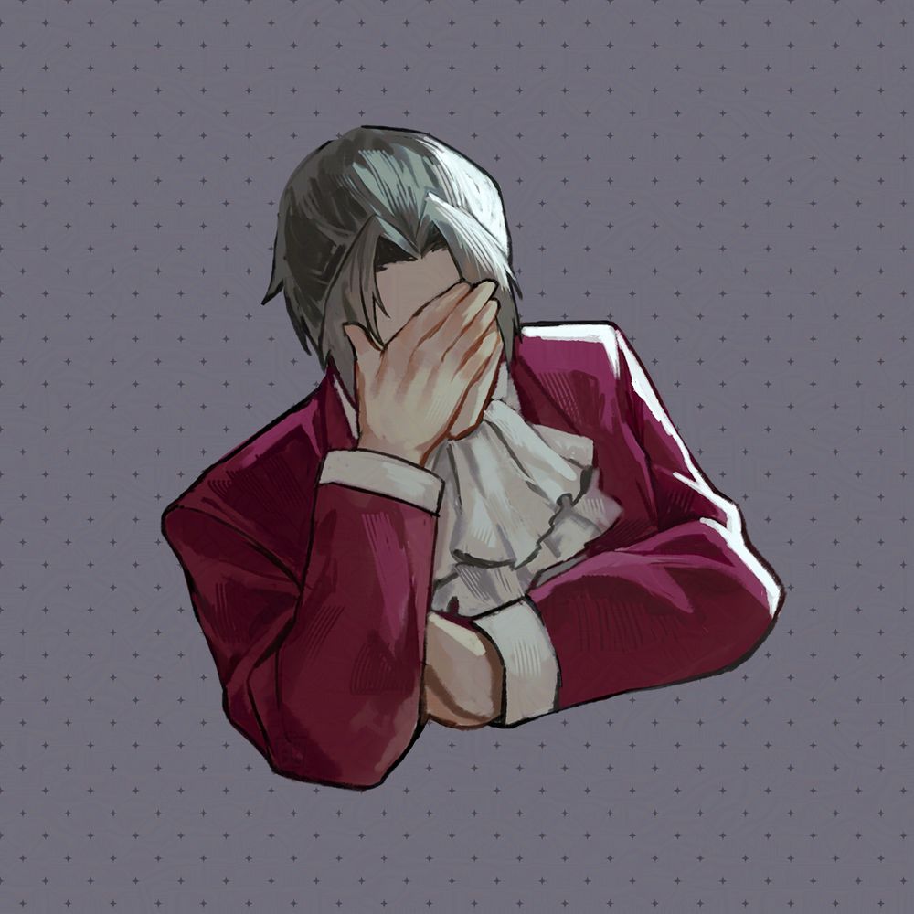A bust illustration of Edgeworth facepalming while leaning on one side, his right hand covers his face and his left hand is crossed, resting on his other elbow. The illustration has a cool blue-ish lighting, a sharp white rim light hits the left of Edgeworth (our right). There are also a lot of rough chalky brushstrokes and rake-like textures. The background is a grey-ish purple colour and has a dark grey purple diamond patterns filling the canvas.