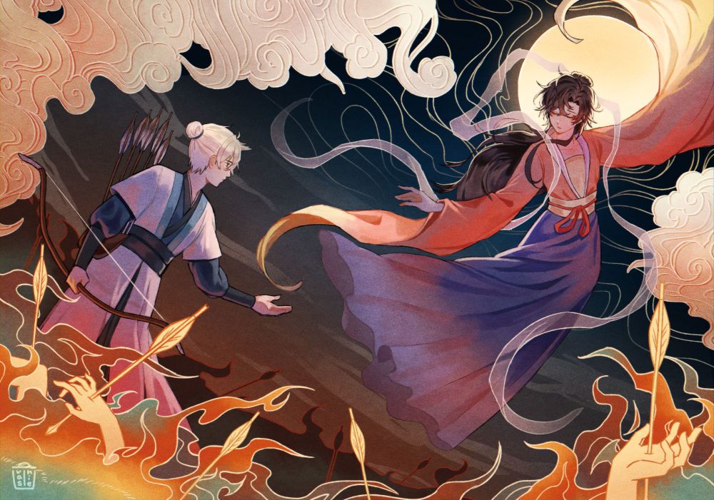 A chinese mural inspired spread illustration of Chang'E!CXS and HouYi!LG. CXS is in a traditional chinese hanfu floating away towards the moon. His eyes are closed and he has one hand out reaching towards LG. A full yellow moon and wisps of yellow are in the sky behind CXS, shining a back light on him.

HouYi!LG is reaching his hand out towards CXS while looking sorrowful, his other hand still gripping onto his bow. He's standing amongst fire of teal, yellow and red. Amongst the fires are hands that were shot by arrows (representing the Nine Suns that were shot down by Hou Yi).

Orange clouds surround the both of them, and a red to dark blue gradient sky is in the backdrop.
