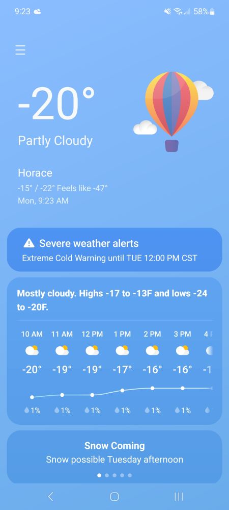 Screenshot of a weather app showing -20 degrees Fahrenheit at 9:30 am with a high of -15 and a wind chill of -47.