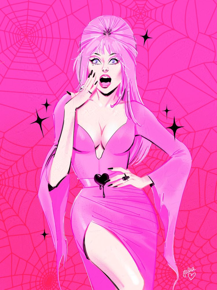 illustration of Elvira in shades of hot pink instead of black
