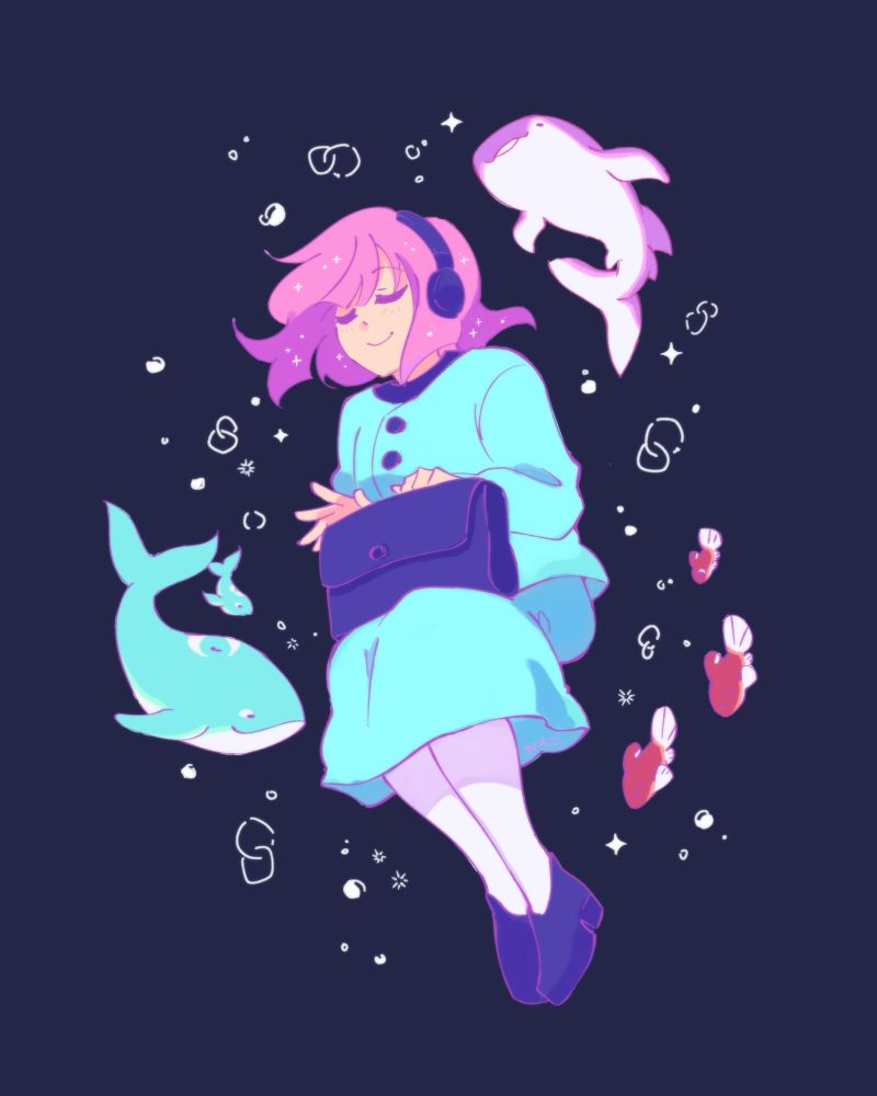 Woo Youngwoo floats in a dark space, with whales and fish surrounding her