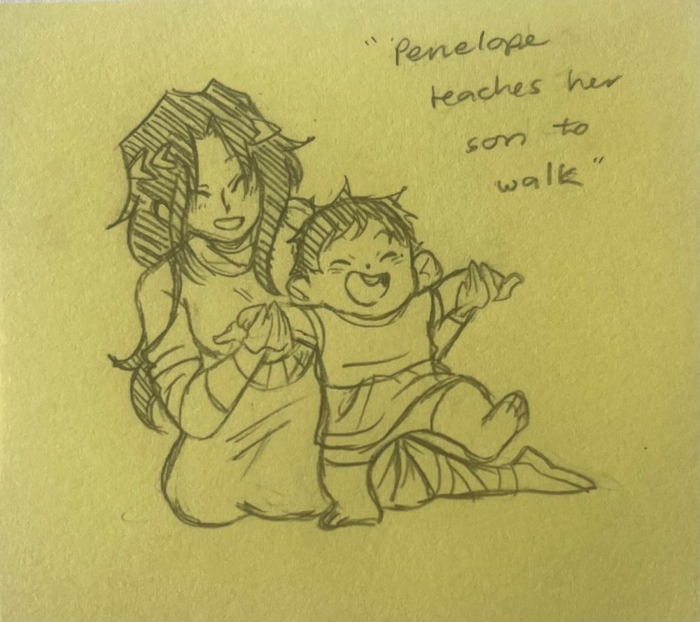 Penelope kneels on the ground, supporting Telemachus’ arms as he takes his first steps.