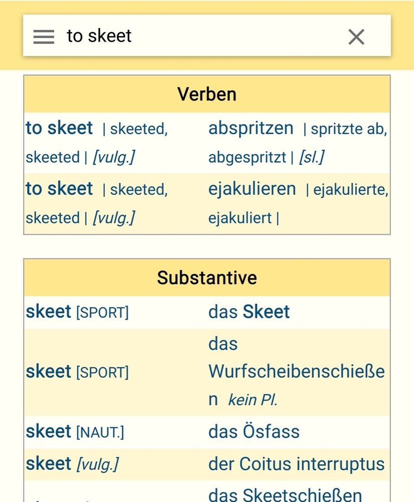 Screenshot aus Leo.org: Vulgär-Übersetzung von skeet steht für abspritzen, ejakulieren.