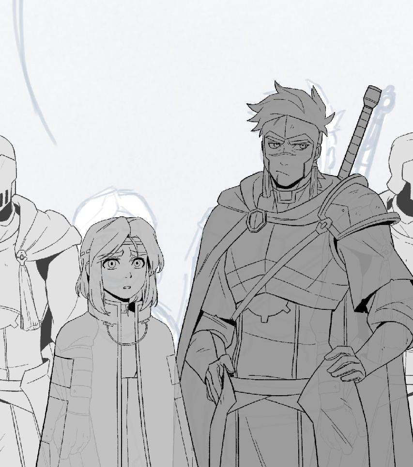 Anime-styled girl with a short haircut looks concerned at the viewer and is wearing a cape. Surrounded by large guards