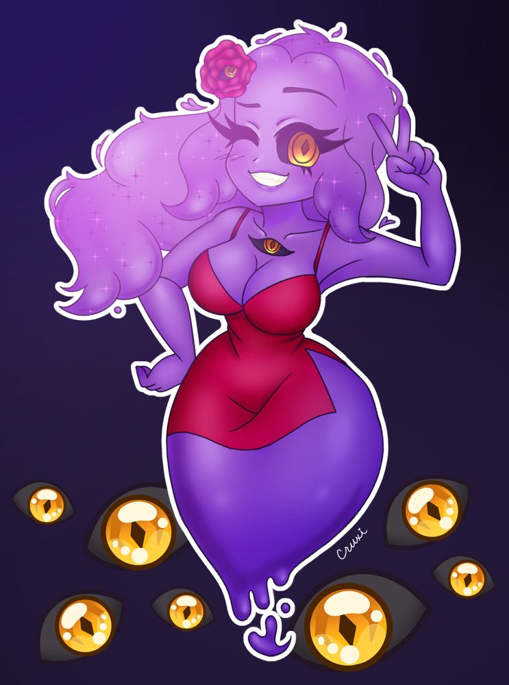 A purple ghost lady with dark golden eyes winking at the camera with a peace sign up. She has a golden eye in the middle of her chest. She is wearing a red flower in her hair and a red dress. The background is dark with multiple golden eyes.