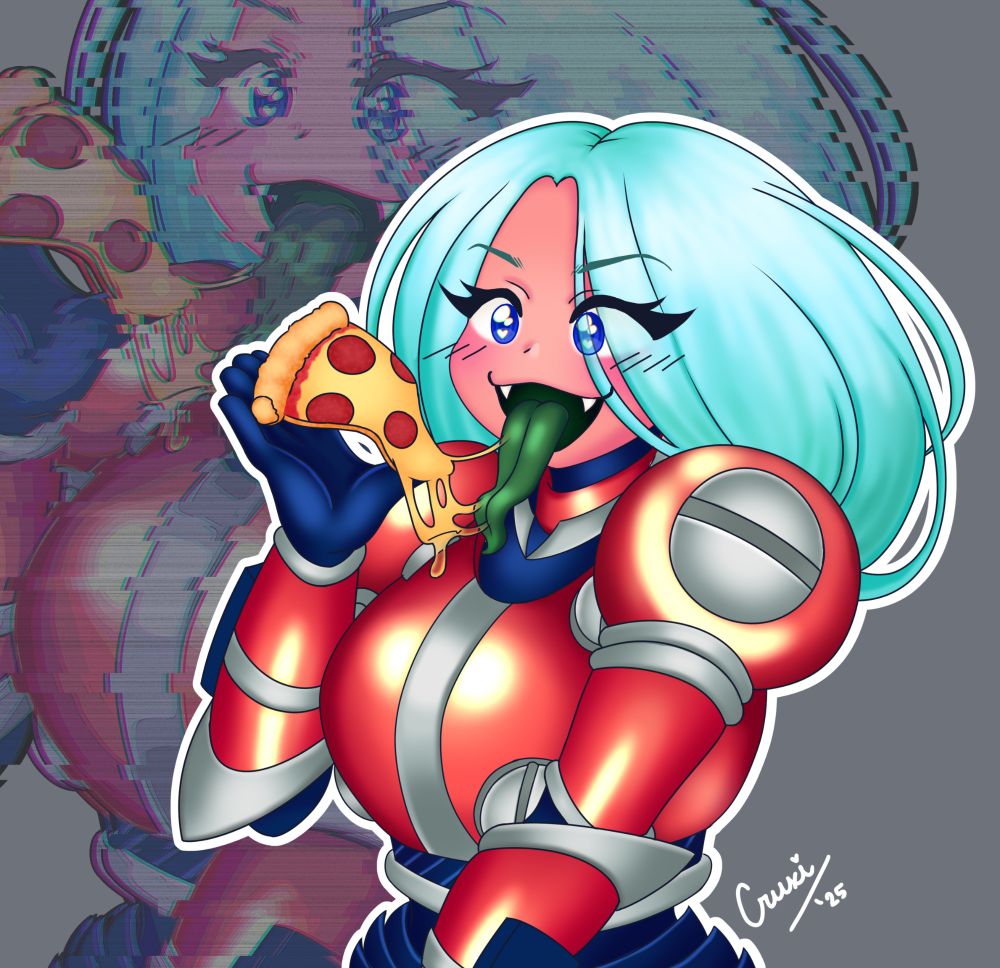 A digital drawing of an anime girl with fluffy aqua hair, orange and blue armor, and a long green tongue eats a slice of gooey pepperoni pizza.