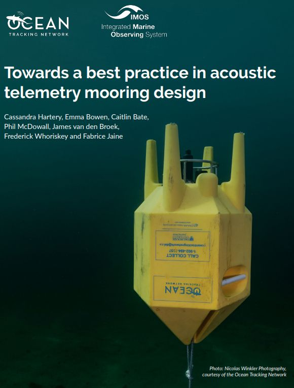 Cover of "Towards a best practice in acoustic telemetry mooring design" featuring a submerged, large, yellow buoy in clear water.