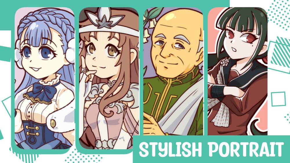 a selection of four portraits in a more cartoony style featuring a blue-haired noblewoman, a brown-haired noblewoman, a bald priest and a dark haired assassin in red