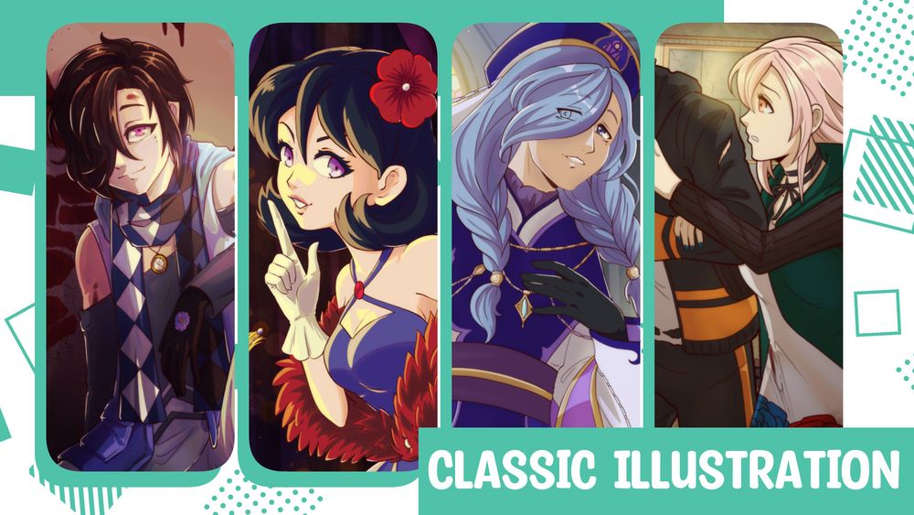 a selection of four illustration in a more anime style featuring a mentally unwell black haired boy, a fashionable black-haired girl in red and blue, a serene looking holyman with ornate hair covering one eye and a pink haired girl in green showing concern for her feral companion