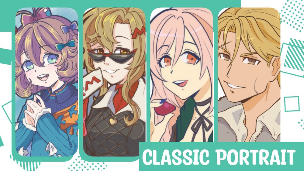 a selection of four portraits in a more anime style featuring a brown-haired young girl with wild hair and ribbons, a brown haired phantom thief with cool sunglasses, a pink hair girl in green holding a strawberry and a blonde haired man with a scarred face