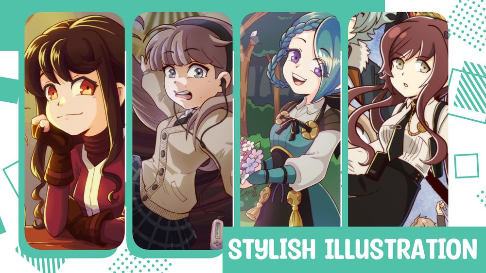a selection of four illustrations in a more cartoony style featuring a brown haired girl in red, a panicked schoolgirl, a blue-haired warrior girl picking flowers and a brown-haired police officer