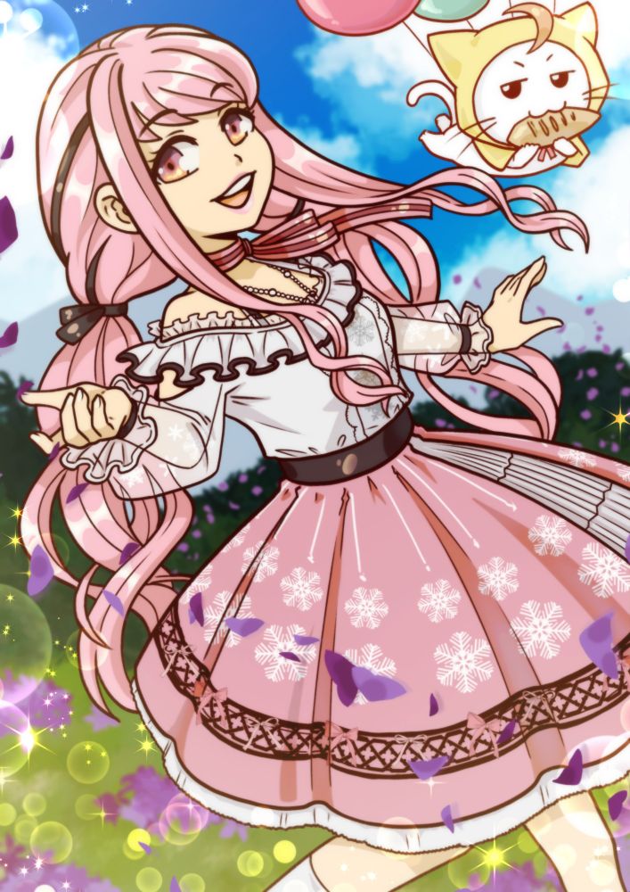 pink haired girl in a lovely dress with a cat (not a cat) eating grilled fish floating away with balloons (good riddance)