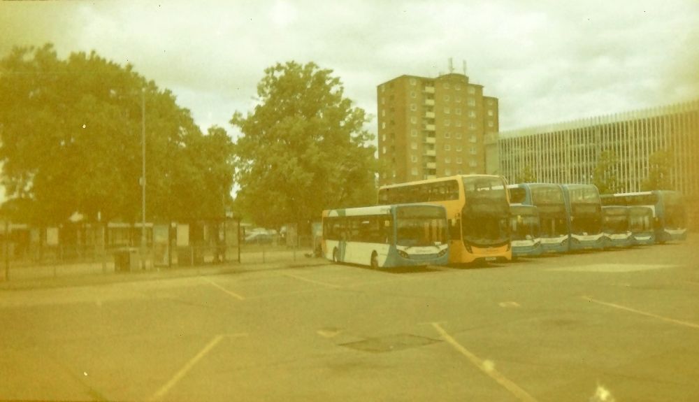 Buses parked at Bedford Bus Station.