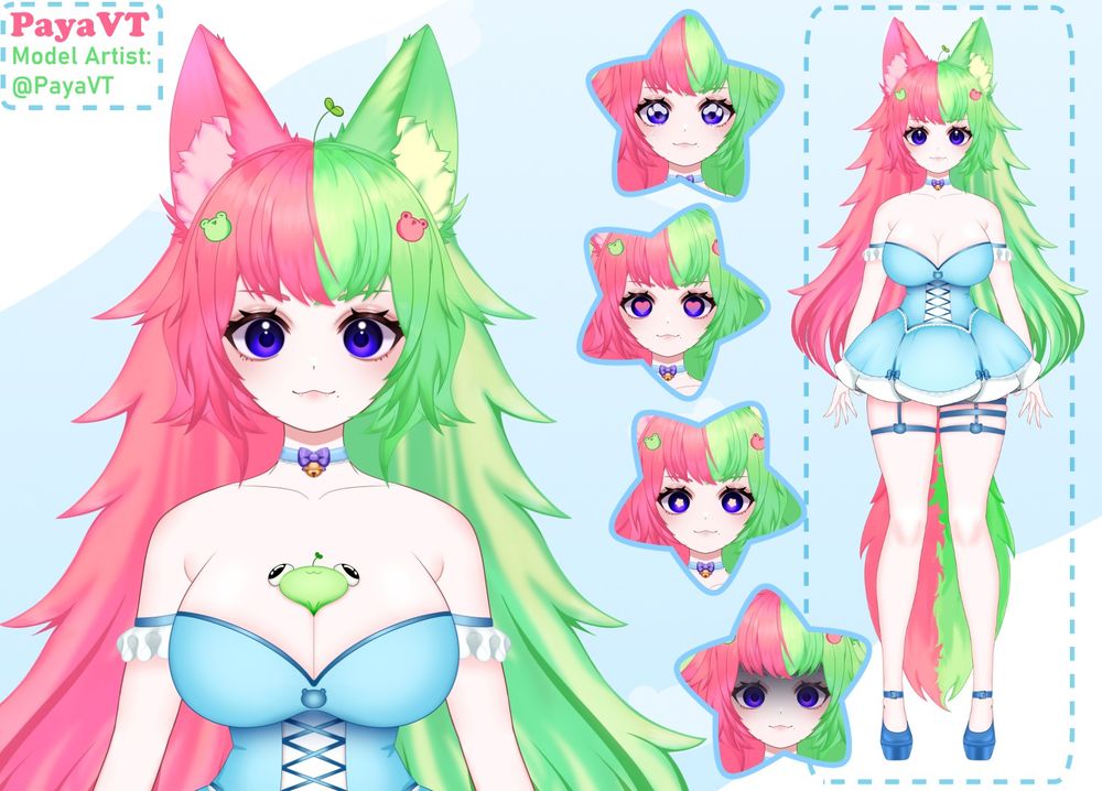 A reference image of PayaVT's Vtuber model and some expressions! Expressions include Teary/sad, heart eyes, starry eyes, and a shocked expression! Green and Pink split hair, Dark eyes with a neon purple and blue hue, a blue and white puffy dress with frog motifs, and a frog named Mr. Bohgs stuck in her cleavage! Paya and Mr. Bohgs both share a sprout coming from their heads!