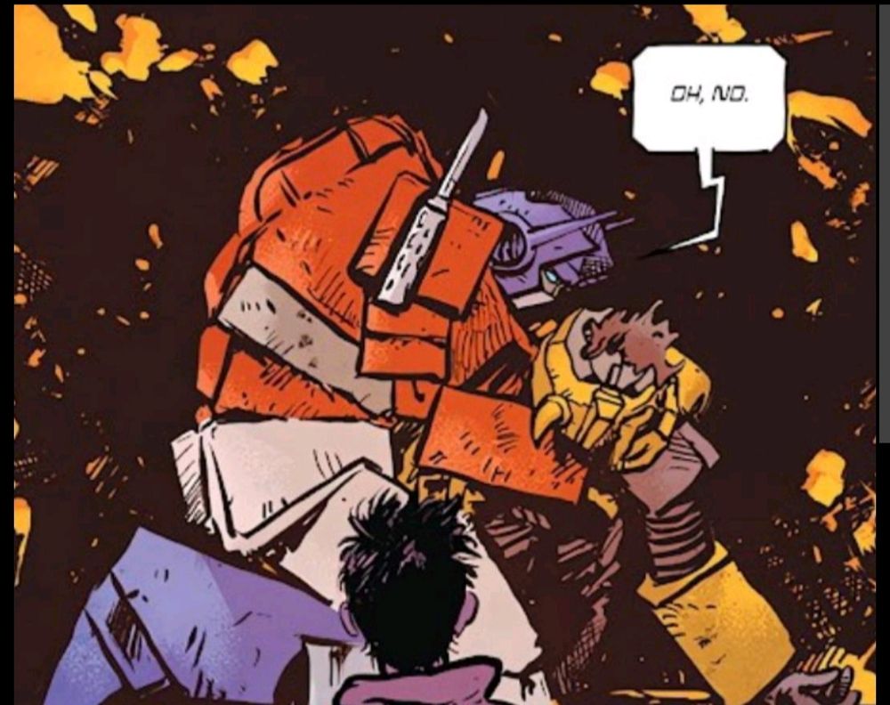 Optimus cradles dead bumblebee in his arms, and says "oh no."