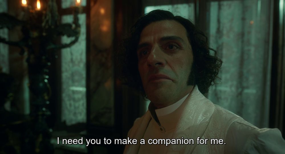 Screenshot from Frankenstein, the monster is telling Victor "I need you to make a companion for me."