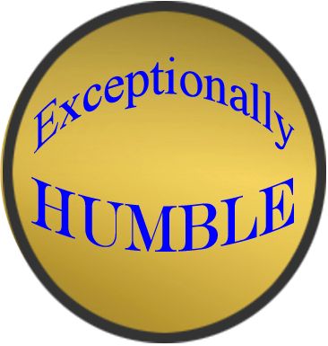 Circle with gold background and dark brown border. Curved text reads Exceptionally Humble