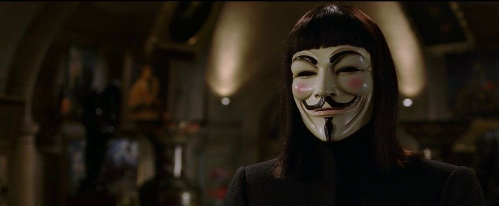 Picture of V in his Guy Fawkes mask in the film V for Vendetta.