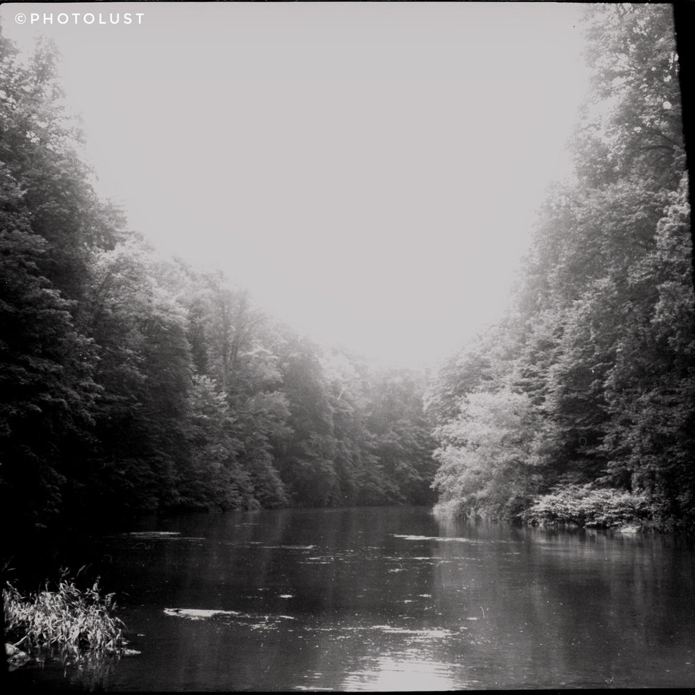 Black and white analogue picture. Taken on the banks of the Zwickauer Mulde. A river in Saxony, west of Chemnitz. You can see the not too wide river with trees on the banks.