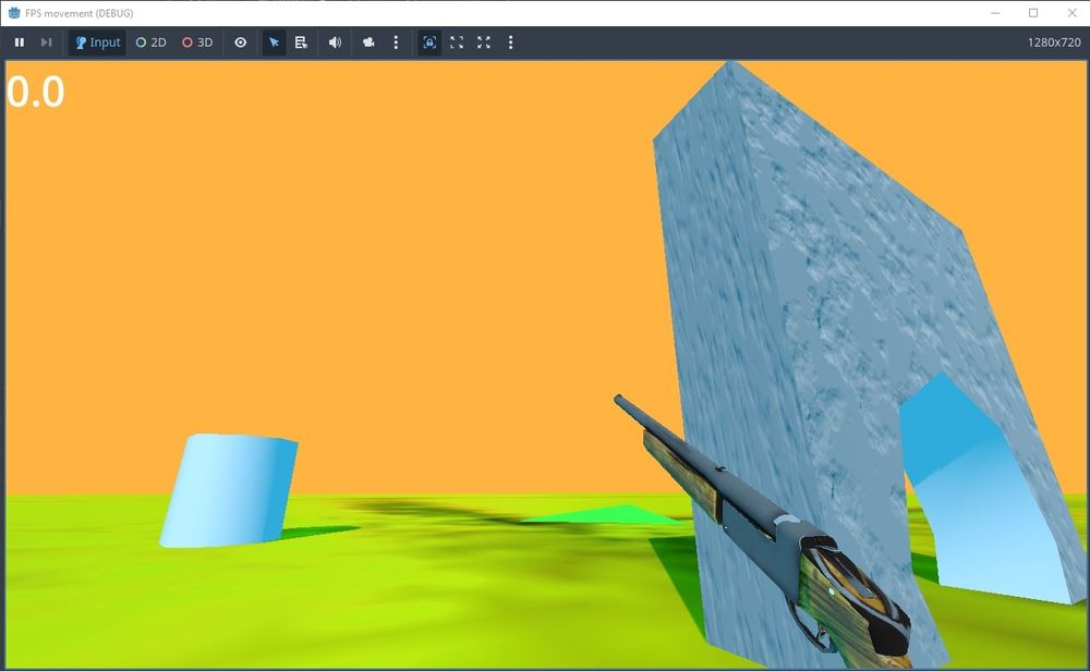 grody lookin screenshot. Weirdly weedy rifle with fucked up textures just out in a first person perspective into a nauseous world. Lime green ground. Corporate orange sky. To the right, an arch made of baby blue concrete. To the left, a stout cylinder, also blue. 