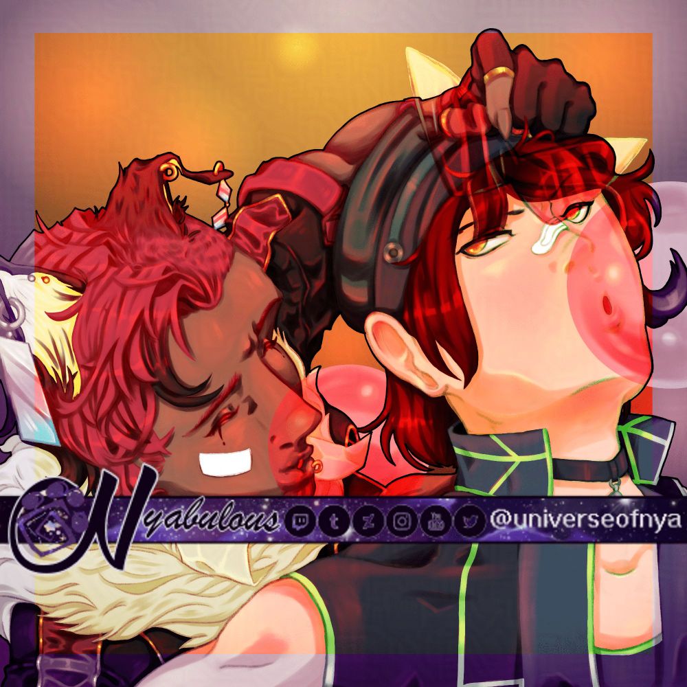A Watermarked piece of digital art of a Black man with red hair and fox ears holding his visor shades over a light skinned man with golden eyes and brown hair covered by a gray-blue cap. Both are blowing pink bubblegum bubbles.